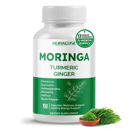 [BRSRAFT7BUCQ4A34] Moringa 12-in-1 Supplement with Turmeric Cinnamon Quercetin Ashwagandha Ginger Boswellia Nettle Saffron Tart Cherry Garlic