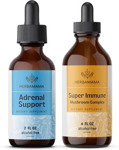 [BRSRAGA6PJ4G2GQ6] HERBAMAMA Adrenal Support and Super Immune Mushrom Blend Kit - Bundle of Liquid Adrenal Support Complex 2 fl oz & Super Immune Mushroom Drops 4 fl oz - Vegan, Non-GMO, Sugar & Alcohol-Free - 2 Pack