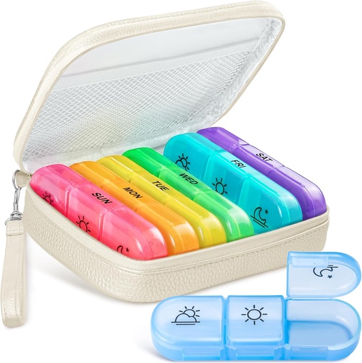 [BRSROGIQBBYAKHIU] Cute Pill Organizer 3 gange om dagen, Stor Daglig Pill sag for kvinder, Bærbar Pill Box 7 dag for purse med pose & lynlås til at holde vitaminer, Medicin, fiskeolier, Kosttilskud (Beige)