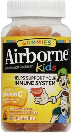 [BRSWKGYIBIBRSHT4] Airborne 500mg Vitamin C + Zinc Immune Support Supplement Gummies for Kids, Assorted Fruit Flavor, Gluten Free Crafted Blend with Powerful Antioxidants Vitamins C & E, 42 Gummies (4 Pack)
