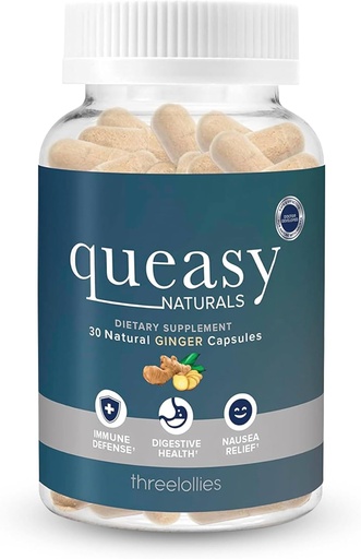 [BRSRMHD3BUDQ2HI6] Three Lollies Queasy Naturals Ginger Capsules - Non-Drowsy Nausea Relief Supplement - Motion Sickness Prevention & Nausea Relief During Chemotherapy - 1000mg Ginger Root - 30 Caps