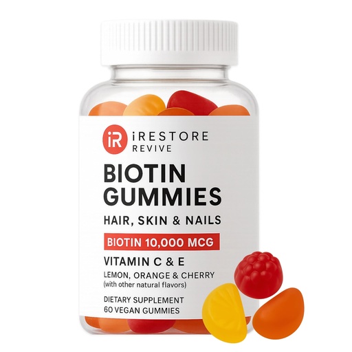 [BRSWG2QTOUIQ2DLJ] iRestore Biotin Gummies 10,000 mcg - 3 Natural Fruit Flavors, Hair Vitamins Multi Supplement for Hair Skin and Nails for Women & Men, 60 Vegan Gummies, 30 Day Supply
