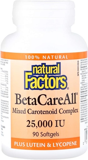 [BRSWIY33OQMRME3M] Factores naturales, BetaCareTodos 25.000 UI, Vitamina A para la piel sana, visión y función inmunitaria, 90 Softgels