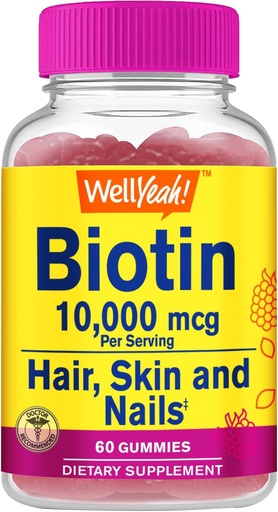 [BRSW2CQLCUIWYFLV] WellJa High Potency Biotin 10.000 mcg Gummis - für stärkeres Haar, Haut und Nägel - Vegan-Friendly, Glutenfrei, Non-GMO und leckere Berry Flavor - 60 Gummis