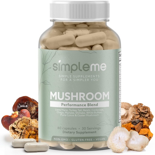 [BRSRAZALDEPROAAV] Simpleme Multi-Mushroom Supplement - Complex For Brain, Immune Support, Nootropics - Performance Blend with Lions Mane, Turkey Tail, Reishi, Cordyceps, Chaga, Maitake, Shiitake, and More - 60 Capsules