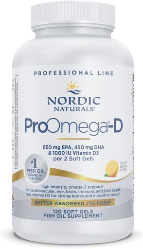 [BRSWIYAKOQIRU332] Nordic Naturals ProOmega-D, Lemon Flavor - 120 Soft Gels - 1280 mg Omega-3 + 1000 IU D3 - High-Potency Fish Oil - EPA & DHA - Brain, Eye, Heart, & Immune Health - Non-GMO - 60 Servings