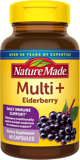 [BRSRMCT6BEFQ4HQ2] Nature Made Multi + Elderberry Capsules, Multivitamin for Women and Men Daily Immune Support, Women, One Per Day Womens Vitamins, 60 Count, Brown, Pack of 1, (HL000220)