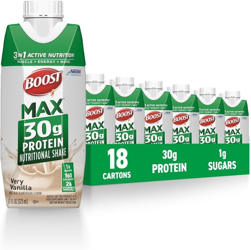 [BRSROCAEOEMQO2D2] BOOST MAX Protein Shakes İçki üçün hazır - 30g Yüksək Protein Shake - Vanilla | Təşkilatdan sonra Muscle Recovery dəstəkləyir, 26 Vitamin və Minerals, 1g Sugar, 11 fl oz (Paket 18)