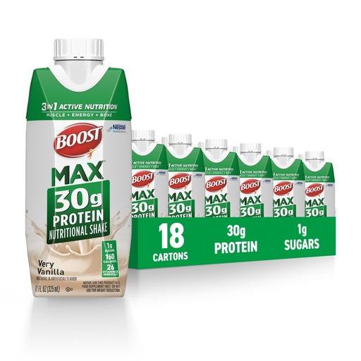 [BRSROCAEOEMQO2D2] BOOST MAX Protein Shakes Ready to Drink - 30g High Protein Shake - Vanilla | Nutritional Drinks to Support Muscle Recovery After Exercise, 26 Vitamins & Minerals, 1g Sugar, 11 fl oz (Pack of 18)