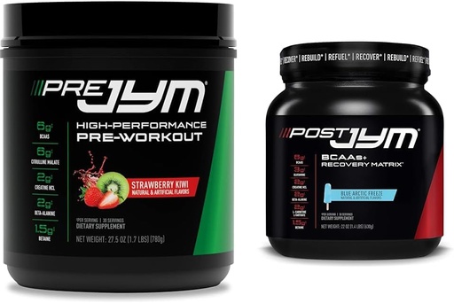 [BRSROBIPABYQMALZ] JYM Supplement Science PRE JYM 30 Servizos - Strawberry Kiwi & Post-Workout con BCAA, Glutamina, Creatine HCL, Beta-Alanina e máis, Blue Arctic Freeze, 30 Servizos, 22 Oz