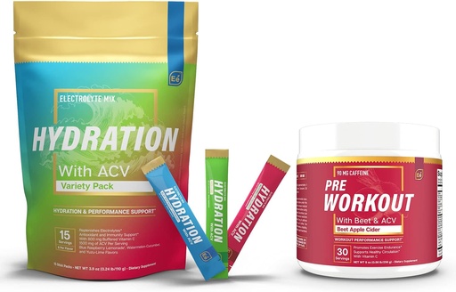 [BRSW2FA6A4PQI2TP] Sugar Free Hydration Powder Packets Variety - 15 Stick Packs & PreWorkout Powder with ACV | Heat, Exercise, Travel, Daily Hydration + Superfood Energy & All-Natural Nitric Oxide Booster Plus Caffeine