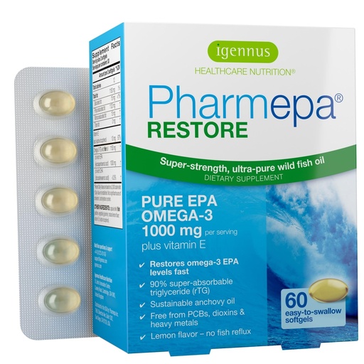[BRSWIZI5CYBGMEDI] Igennus Pharmepa Restore, Pure EPA 1000mg, Omega 3 rTG Fish Oil, IFOS Certified, High Absorption, 90% Concentration Triple Strength, Wild & Sustainable, Lemon Flavor, 1-Month Supply, 60 Softgels