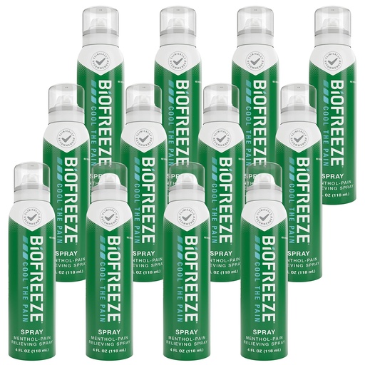 [BRSWIFYZAEBWKFAV] Biofreeze Menthol Pain Relieving Spray 4 FL OZ Colorless Aerosol Spray (Pack Of 12) For Pain Relief Associated With Sore Muscles, Arthritis, Simple Backaches, And Joint Pain (Packaging May Vary)