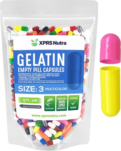 [BRSWYEAHPN7RAETX] XPRS Nutra Size 3 Empty Capsules - 100 Count Empty Gelatin Capsules - Pills DIY Capsule Filling - Pure Bovine Pill Gel Caps for Do-It-Yourself Supplements (Multi Color)