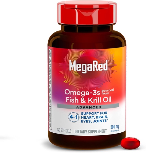 [BRSWKGY3CIARCDD2] MegaRed Omega 3 Fish Oil Supplement + Krill Oil 500mg, Advanced 4in1 EPA & DHA Omega 3 Fatty Acid Softgels (140cnt Bottle), Phospholipids, Supports Brain Eye Joint & Heart Health