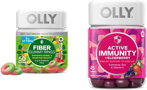 [BRSRAYYYOQFQE2TJ] OLLY Fiber Gummy Rings 50ct & Active Immunity+Elderberry Gummies 45ct Berry Flavors Digestive & Immune Support
