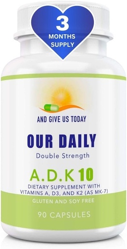 [BRSWGBI3CECGKHI3] Our Daily Vites ADK 10 Double Strength (10.000 ie) Vitaminen A1, D3 & K2 (als MK7) - Arts Formulated Bone & Immuun System Support Supplement - Glutenvrij, niet-GMO - 90 Vegetarische Capsules