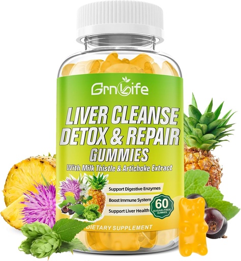 [BRSRAGD3C4BWGDLP] Liver Cleanse Detox & Repair Gummies with Milk Thistle 3000mg, 24-in-1 Liver Health Supplement with Dandelion, Artichoke, Sugar Free Liver Detox Gummies, Pineapple Flavor - 60 Count