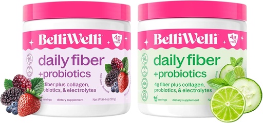 [BRSRABQZC54GOCTB] Daily Fiber Supplement Bundle with Collagen, Probiotics & Electrolytes - Supports Digestive Health, Regularity, and Skin Health – Cucumber Lime Mint & Wild Berry Flavors – 32 Servings Total