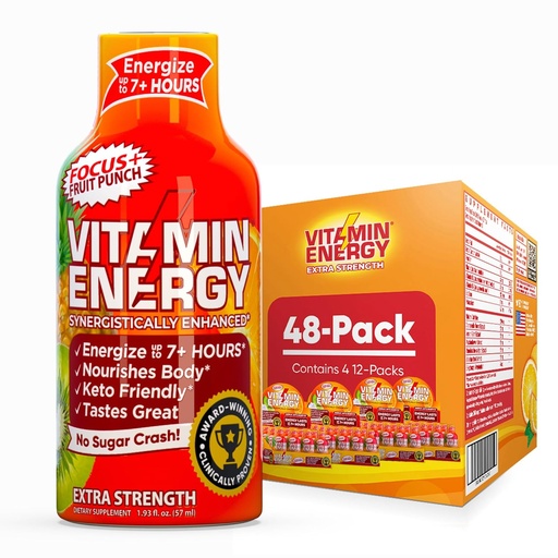 [BRSRAHAHBEIBUHQY] Vitamin Energy Focus+ Extra Strength Energy Shot Fruit Punch 48 Pack, 260mg Natural Caffeine, B-Vitamins, CoQ10, Amino Acids, Focus, Productivity & Clarity, Zero Sugar, Gluten-Free, 1.93 fl oz