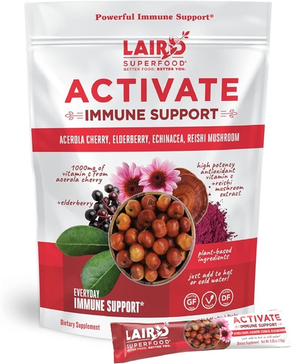 [BRSW2ZYPDJ7A4G3Z] Laird Superfood Ενεργοποιήστε το συμπλήρωμα ανοσοϋποστήριξης Powder Drink, 1000 mg βιταμίνης C από Acerola Cherry, Elderberry, Echinacea και Reishi Mushroom, 7,75 Gram Stick, Συσκευασία των 10