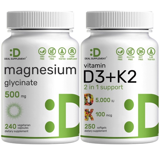 [BRSRAFQPA4IWKA32] Magnesium Glycinate 500mg Veggie Capsules & Vitamin D3 5,000iu + K2 100mcg Softgels Bundle – Easily Absorbed Chelated Mineral – D & K Essential Sunshine Vitamins