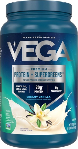 [BRSWG2YZOQFREADB] Vega Premium חלבונים + Supergreens - 20g חלבון, Creamy Vanilla, 25 משרתים, Spinach,Kale, alphalfa Grass, Broccoli, 0g הוסיף סוכר, non-GMO, Gluten Free, Milk Free, 1.68 lbs (Packaging May Vary)
