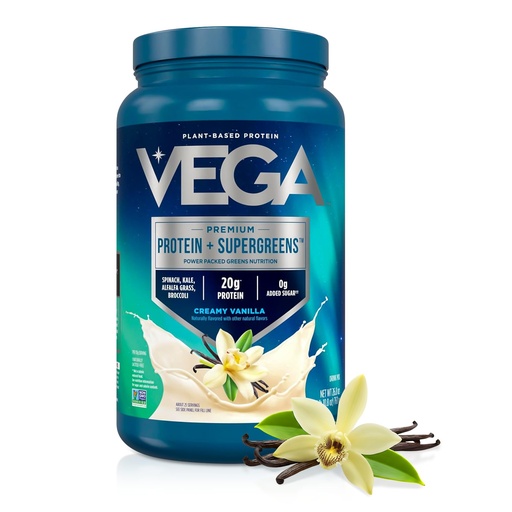 [BRSWG2YZOQFREADB] Vega Premium Protein + Supergreens, Creamy Vanilla – 20g Vegan Protein, Dairy & Gluten Free, 26.9 oz (25 Servings)