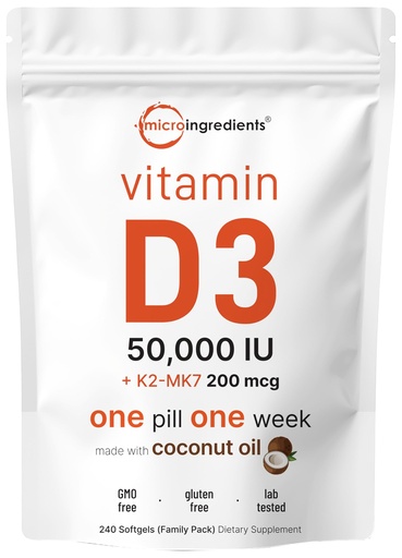 [BRSROYL4BV5WG2T3] Micro Ingredients Vitamin D3 50,000 IU + K2 MK-7 200 mcg, 240 Softgels | Virgin Coconut Oil | 2-in-1 Support | Easy to Swallow, Non-GMO