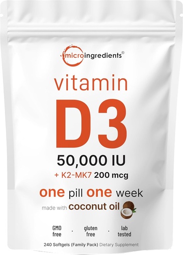 [BRSROYL4BV5WG2T3] Mikrokoostisosad Vitamiin D3 50 000 RÜ + K2 MK-7 200 mcg, 240 Softgels | Neitsi kookosõli | 2-in-1 luu, immuun- ja südametoetus | Lihtne neelata, mitte-GMO
