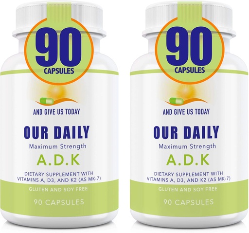 [BRSWYED5OEHQA3DL] Our Daily Vites ADK Supplement - Vitamin A, D3 & K2 (as MK7) - Bone, Immune System Support - High Potency Vitamins with Non GMO Ingredients - Gluten Free, Soy Free Vegetable Capsules 180 CT