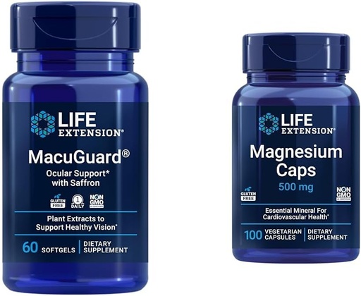 [BRSRAYYYOUMBSD3X] Extensió Life MacuGuGuard Ullal suplementari amb Magnesium Capsules 500mg - Lutein, Zeaxanthin, Mesoze-axantin i Saffron per a la visió de salut - 60 Softgelis i 100 Vegetarians