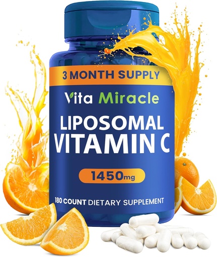 [BRSROAT5BAMRMD3K] Liposomal vitamin C 1450mg - 180 kapsler Ultra Absorpsjon Askorbinsyre VIT C støtter immunsystemet fettløselig antioksidant og collagen booster sammenlignet med vitamin C 1000mg eller 500mg ikke-GMO Vegan