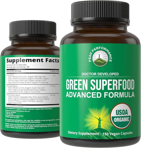 [BRSWGGQRCUPGKHT7] Organic Super Greens 150 Capsules - Green Bloss Super Food Supplements with 25 All Organic Ingradients. Max Force and Detox Super Food Piels with Spirulina, Spinach, Cale, Turmeric, Protogenic