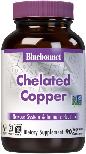 [BRSWIYQAO4FGOG3O] Bluebonnet Nutrition Albion Chelated Copper, 3 mg kobber, For Nervesystemet og immunforsvar *, Soy- Free, Gluten- Free, Non- GMO, Kosher Certified, Dairy- Free, Vegan, 90 Vegetabilske Capsule, 90 Servering