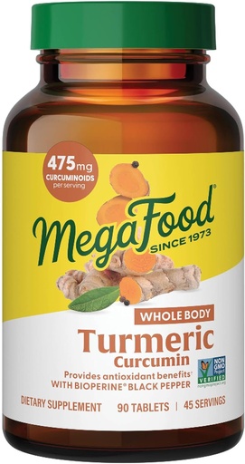 [BRSWIFAEA57WYEQ3] MegaFood Whole Body Turmeric Curcumin Supplement - Turmeric Supplement with Black Pepper & Vitamin C - 475 mg Curcuminoids Per Service - Antioxidant & Immune Support - Vegan - 90 Tablets, 45