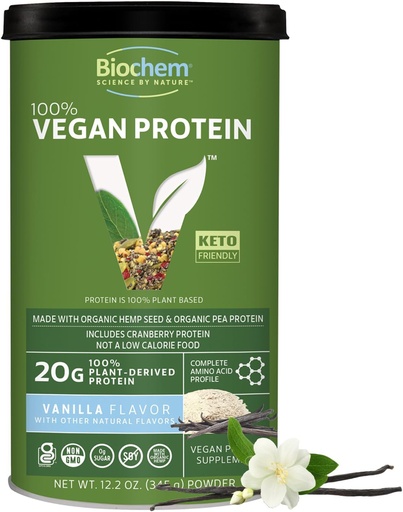 [BRSWIZQGCEOAYCI7] Biochem Vegan Protein Powder - Proteína baseada en plantas 20g para soporte muscular - Proteína orgánica Pea, Hemp & Cranberry - Low Carb, Low Fat, Gluten-Free, Non-GMO, Keto-Friendly - Vanilla Flavor - 12.2 oz