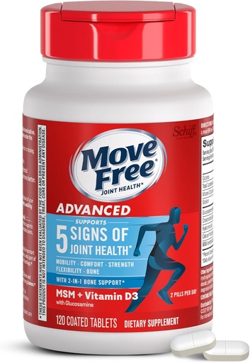 [BRSWKEYHCACR2H3U] Move Free Advanced Glucosamine Chondroitin MSM + Vitamin D3 Joint Support Supplement, Supports Mobility Comfort Strength Flexibility & Bone + Immune Health - 120 Tablets (60 servings)*