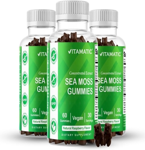 [BRSRMZD3C4JWAGTP] Vitamatic Irish Sea Moss Gummies with Bladderwrack & Burdock Root – Botanical Extract Supplement – Vegan, Non-GMO – 60 Count - 3 Pack