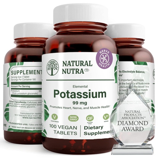 [BRSWIALYCEOAGF3C] Natural Nutra Elemental Potassium Gluconate 99 mg Dietary Supplement – Promotes Energy, Helps Boost Nervous System, Promotes Heart Health, Mineral Regulation, Muscle Function - 100 Vegan Tablets