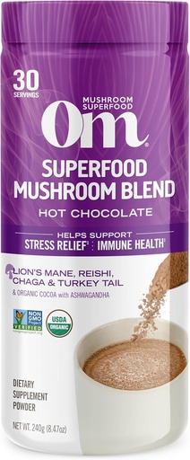 [BRSW2FLQBMFQGCD4] OM MUSHROOM SUPERFOOD 핫 초콜릿 블렌드 - 사자 Mane, Reishi, Chaga 및 터키 꼬리와 네덜란드 코코아 - 초점, Calm 및 스트레스 완화 지원 - 2g Sugar, 25 Calories - 8.47 oz Canister (30 서빙)