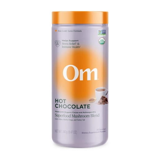 [BRSW2FLQBMFQGCD4] OM MUSHROOM SUPERFOOD Hot Chocolate Blend – Dutch Cocoa with Lion’s Mane, Reishi, Chaga & Turkey Tail – Supports Focus, Calm & Stress Relief – 2g Sugar, 25 Calories – 8.47 oz Canister (30 Servings)