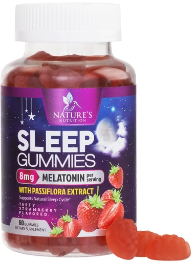[BRSWGC32CQAW23LF] Sleep Gummies - 8mg Melatonin Per Serving - With Passiflora Extract for Restful Sleep - Fast Acting Melatonin Sleep Gummy Supplement for Adults, Vegan, Non-GMO, Tasty Strawberry Flavor - 60 Gummies