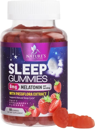 [BRSWGC32CQAW23LF] Sleep Gummies for Adults Extra Strength 8mg - Melatonin with Passiflora Extract for Restful Sleep - Fast Acting Melatonin Sleep Gummy Supplement, Vegan, Non-GMO, Tasty Strawberry Flavor - 60 Gummies