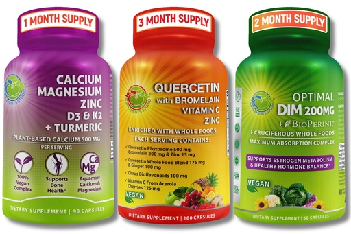 [BRSRAHA5CMHRQFLZ] Vegan Bone, Immune, & Hormonal Support Trio – Plant-Based Calcium, Magnesium, Zinc + D3, K2 & Turmeric + Quercetin with Bromelain, Vitamin C, Zinc + DIM 200mg & BioPerine® in Delayed-Release Capsules