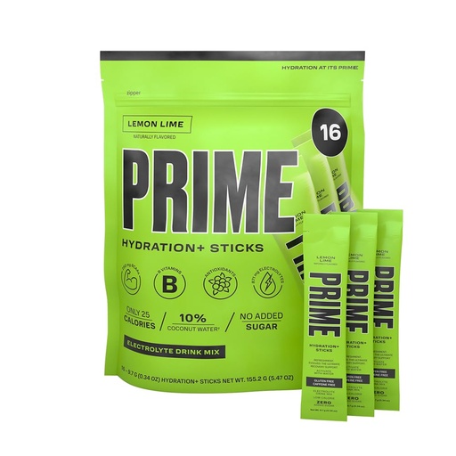 [BRSROFIKBMPAYDLG] PRIME HYDRATION+ Sticks Lemon Lime | Hydration Powder Single Serve Sticks | Electrolyte Powder On The Go | Low Sugar | Caffeine-Free | Vegan | 16 Sticks