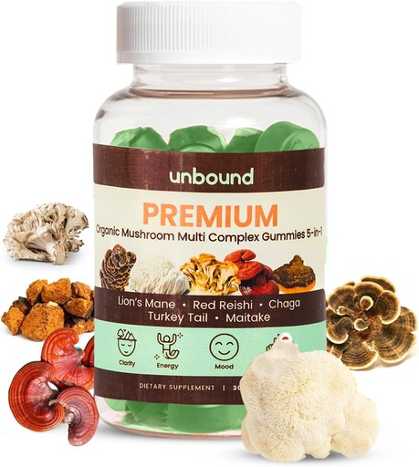 [BRSROFAQCMMQ4CQU] Unbound Premium Organic Mushroom Multi-Complex Gummies for Support Memory 5 in 1, Blend with Chaga, Lion's Mane, Reishi, Turkey Tail, Maitake - 60 Gummies,