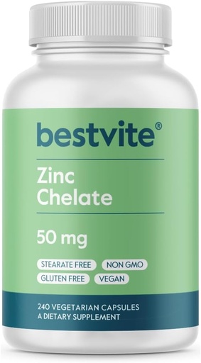 [BRSWYFQBOUBBADQU] BESTVITE Zinc Chelate 50mg (240 Vegetarian Capsules) - No Stearates - No Dicalcium Phosphate - Vegan - Non GMO - Gluten Free