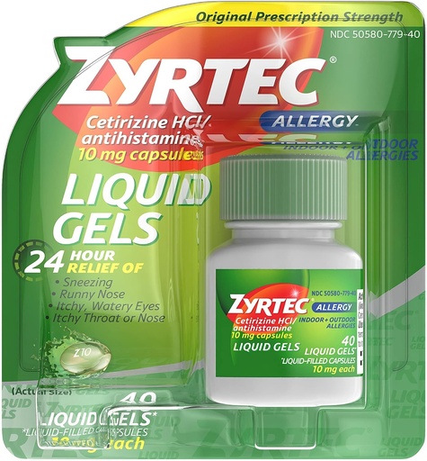 [BRSWIZQ3CEFG2AL6] Zyrtec 24 heures à l'intérieur et à l'extérieur Gels liquides allergiques, Capsules antihistaminiques avec chlorhydrate de cétirizine pour soulager l'allergie toute la journée, 40 ct (paquet de 2)