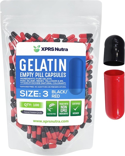 [BRSWYZL4BYFQA3QU] XPRS Nutra Size 3 Empty Capsules - 100 Count Empty Gelatin Capsules - Pills DIY Capsule Filling - Pure Bovine Pill Gel Caps Fillable for Do-It-Yourself Vitamins and Supplements (Black/Red)